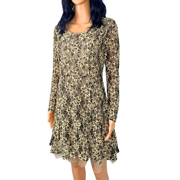 Altar'd State Black Lace Mini Dress Small Long Sleeve Tulle Fit Flare Holiday - Picture 3 of 6